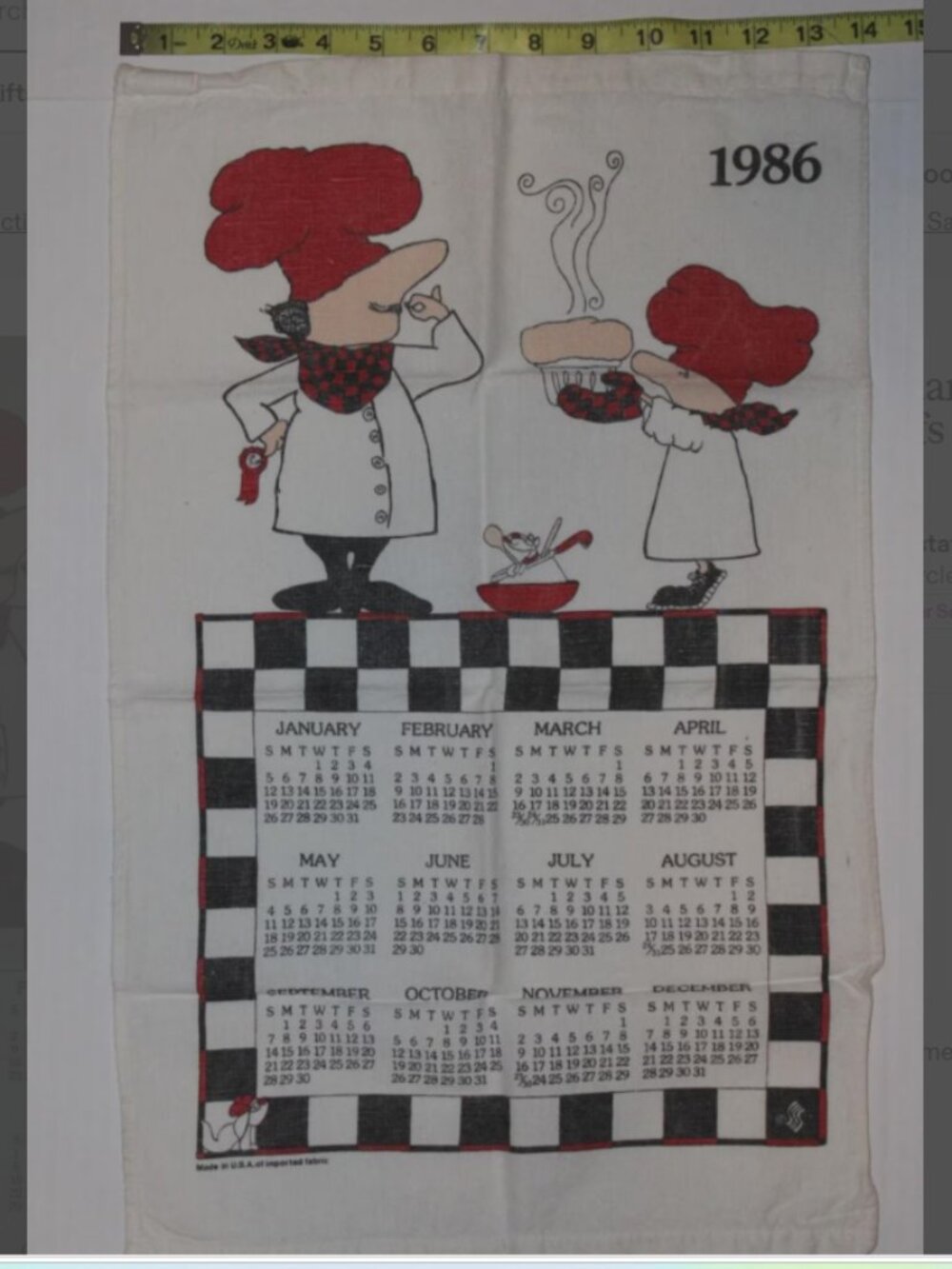 1986 Linen Calendar Tea Towel Kitchen USA Chefs Cooks Red Black White 14 x 22
